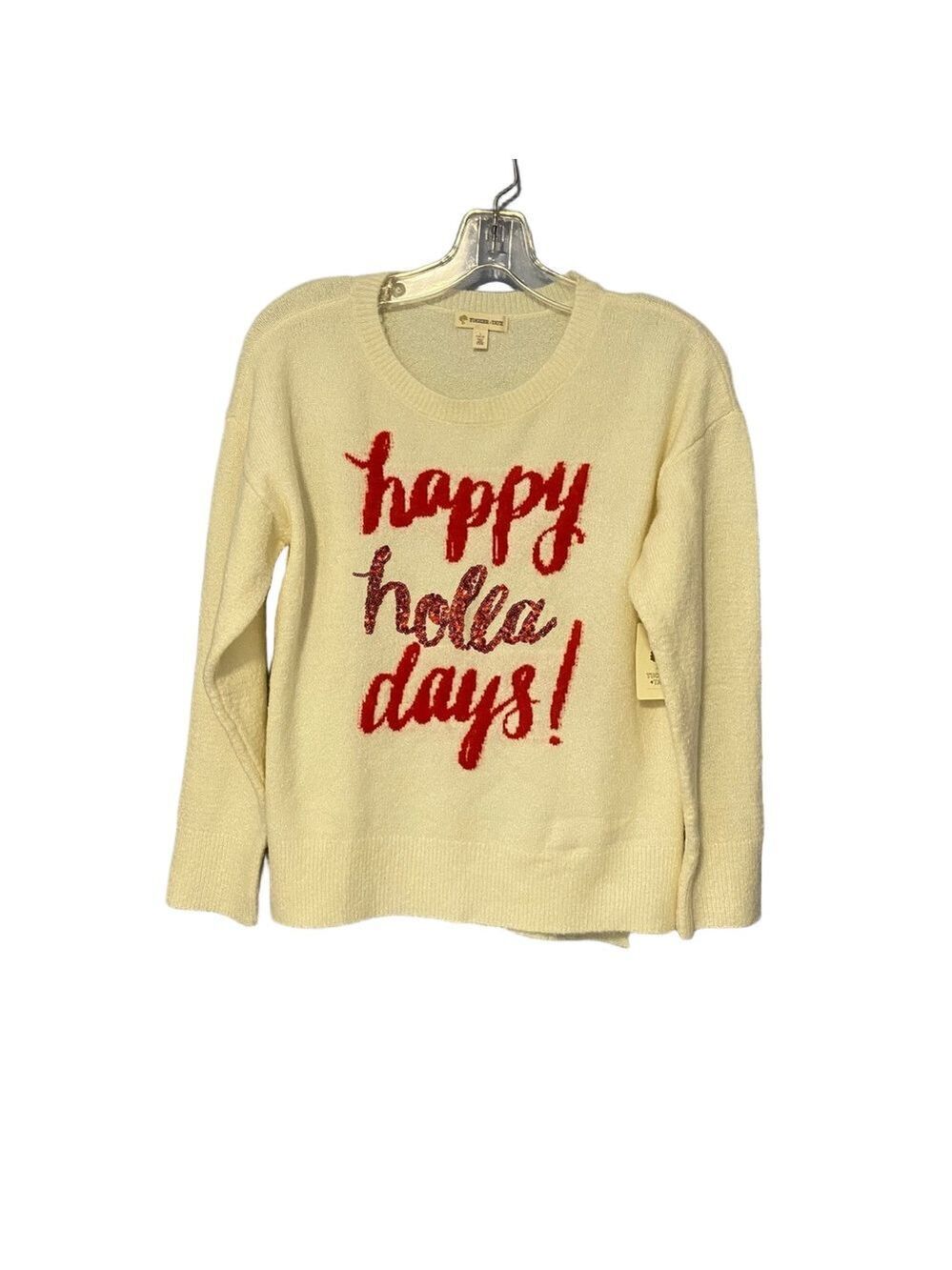 Happy Holla Days Sequin Sweater Women’s Large Cream Red Holiday